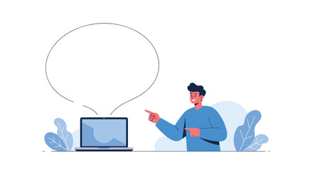 Man pointing at a laptop screen with a large, blank speech bubble coming out of it, ideal for presentations or online communication.