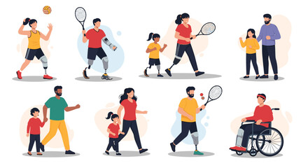 Fototapeta premium Set of illustrations showing people with prosthetic limbs and in wheelchairs leading active lives, playing sports and spending time with family.