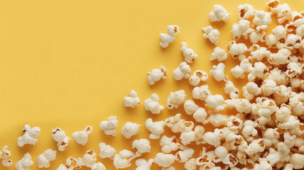 Scattered popcorn kernels on a vibrant yellow background for cinema snack or movie night advertising with ample copy space with snack food and entertainment