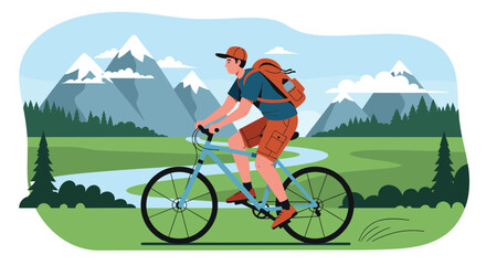 Young man with a backpack enjoying a bike ride on a scenic trail with mountains, a river, and a forest in the background.