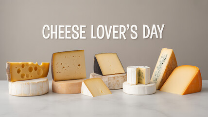 Variety of artisanal cheeses displayed on white pedestals and boxes against a gray background, celebrating cheese lover's day with different textures and colors of cheese