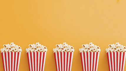 Five red and white striped popcorn buckets filled with freshly popped popcorn on a vibrant orange background for cinema snack advertising or movie night promotions
