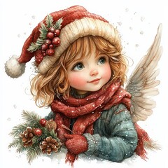 Sweet Winter Angel Child in Red Hat &ndash; Holiday Illustration