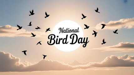 Obraz premium National bird day banner with flying birds around sun and clouds in sky with nature and wildlife and conservation and ecology and environment