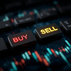 Studio shot of illuminated Buy and Sell keyboard buttons with charts in background, representing active stock trading and market engagement.