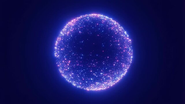 Glowing spherical shape filled with colorful particles against a dark background. Represents digital technology, innovation, and cosmic beauty