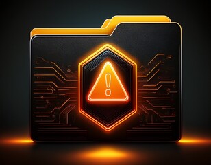 glowing orange digital warning sign on a black folder represents data security breach cyber threat alert or system failure emphasizing urgent risk and information protection needs