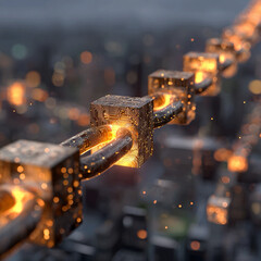 Stylised blockchain chain floating above a city, with each block glowing with coins, symbolising secure transactions, decentralised finance, and modern banking.