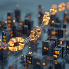 Stylised blockchain chain floating above a city, with each block glowing with coins, symbolising secure transactions, decentralised finance, and modern banking.