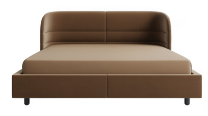 Tan bed with tufted mattress and brown upholstery isolated on a transparent background
