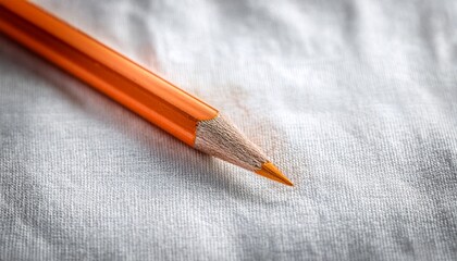 close up of a sharpened orange colored pencil on white fabric background