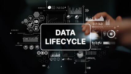 Data Lifecycle Concept with Graphs, Icons, and Digital Visuals Representing Data Management Strategy. Asymptotic smart data analytic.