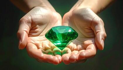 a glowing emerald gemstone levitating above two open human palms