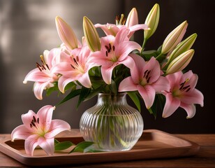 a close up shot of a bouquet of delicate pink lilies in a glass vase artfully arranged on a rustic wooden tray