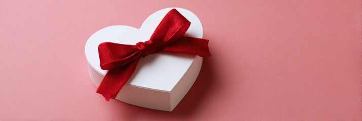 Heart-shaped white gift box with red ribbon on pink background