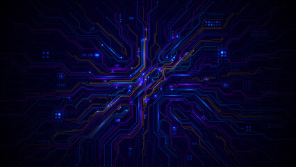 Abstract tech background with glowing circuit board patterns and flowing blue digital lines creating futuristic cyber network design for AI technology concepts. Digital vector illustration 