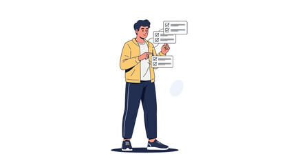 Man checking off tasks on a checklist, illustration of productivity and organization