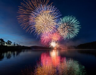 colorful fireworks illuminate the night sky over a peaceful lake during a celebration event