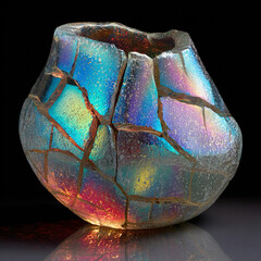 Surface designed in cracked volcanic glass but with iridescent rainbow colors seeping out of crevices, surreal radiant lively fresh design unique object.