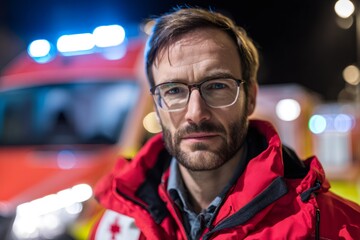 Portrait of a serious male paramedic at an emergency scene at night. First responder in a red uniform standing in front of an ambulance with flashing lights