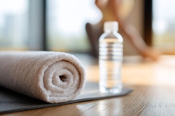 Rolled towel and water bottle on a yoga mat in a gym. Fitness equipment for workout and exercise. Healthy lifestyle and wellness concept