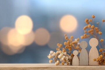 Wooden family figures symbolizing love and togetherness. Home, security, and life insurance planning concept with a blurred bokeh background