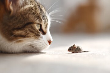 A large tabby cat looking closely at a tiny mouse. Predator and prey concept with a funny contrast in size and scale