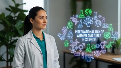 Woman in lab coat celebrating international day of women and girls in science with colorful icons