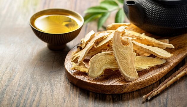 freshly sliced astragalus root with herbal tea