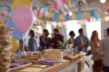 Office birthday party celebration with cake and balloons. Blurred group of diverse colleagues socializing in the background. Corporate event concept