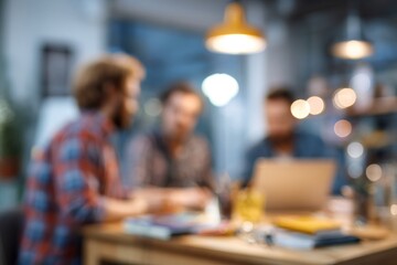 Blurred business meeting background with colleagues. Abstract office scene with bokeh lights and unrecognizable people working. Teamwork concept