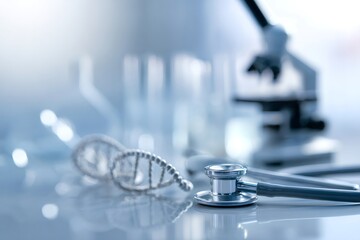 Medical research and genetics concept. Stethoscope and DNA double helix on a laboratory table with a microscope in the background
