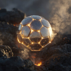 Surreal soccer ball glowing made from crystalline panels levitating midair above volcanic rocks blazing below, surreal  