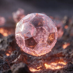 Surreal soccer ball glowing made from crystalline panels levitating midair above volcanic rocks blazing below, surreal  