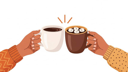Two hands holding mugs of hot chocolate, one plain and one with marshmallows, toasting against a white background.