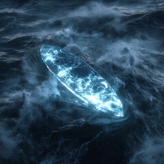 Surreal surfing board carved ice slab floating mid cosmic ocean waves luminous glowing surreal imaginative novelty strictly objective human absent.