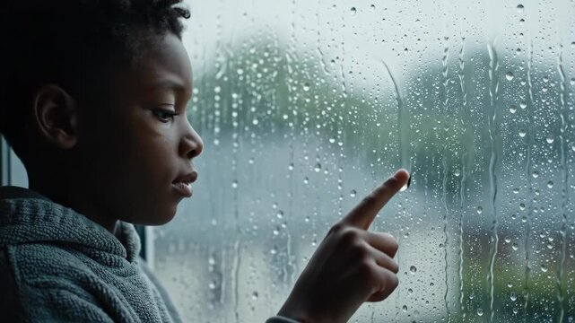 A sad young boy looks out the window on a rainy day. A lonely child touches the glass covered in raindrops. Childhood introspection and boredom concept