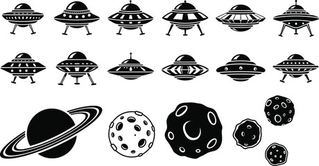 Black and white UFOs flying with planets and moons in space © Mofajjol