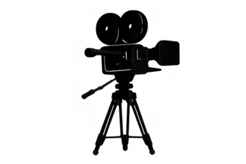 Vintage film camera silhouette on tripod, symbolizing classic cinema, movie production, and old filmmaking equipment