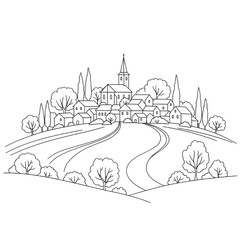 Fototapeta premium Tranquil village scene with a church on a hill, winding roads, and lush trees. pastoral landscape view.