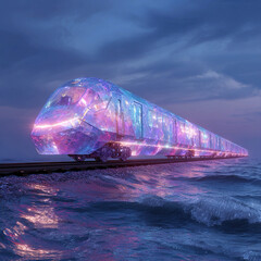 Surreal train designed as glowing prism snake body sliding gently across shining crystalline rails hovering above ocean waves, travel dreamlike vision excluding people.