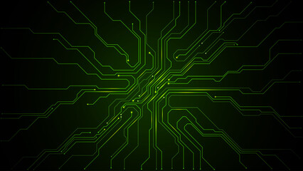 Futuristic PCB design with glowing pathways and electronic matrix elements, ideal for cybersecurity, AI concepts, and modern digital innovation visuals. Digital vector illustration