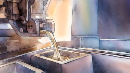 Precision casting showcases eco-friendly bismuth alloy flowing with warm light artistic watercolor illustration