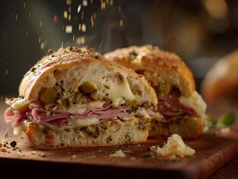 Garlic butter Muffuletta sandwich, a traditional sandwich with Italian roots.