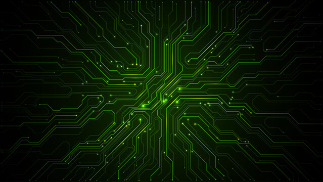 Abstract green technology backdrop featuring detailed circuit patterns, semiconductor traces, and futuristic digital elements for innovative tech presentations. Digital vector illustration