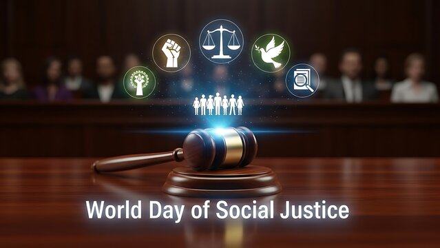 World day of social justice gavel on a table with icons representing equality and law in a courtroom setting background - Powered by Adobe