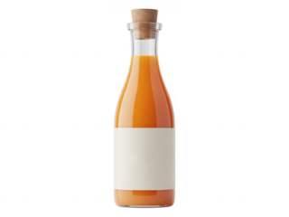 Transparent glass bottle with orange liquid and cork isolated on a transparent background