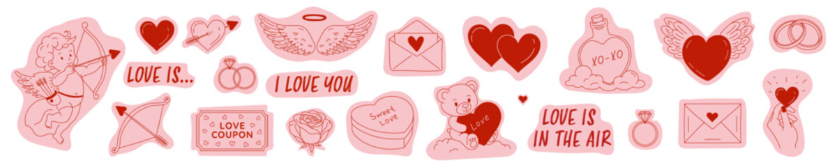 Love stickers set with cute cupid, wings,envelopes,rings,red heart retro elements,creative Valentine&rsquo;s Day concept design for web use, drawn as hand-drawn doodle vector illustration style.
