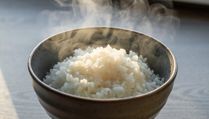 Bowl of Steaming White Rice in Minimal Setting