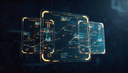 Futuristic data screens with a glowing interface. The screens showcase complex data visualizations and information displayed